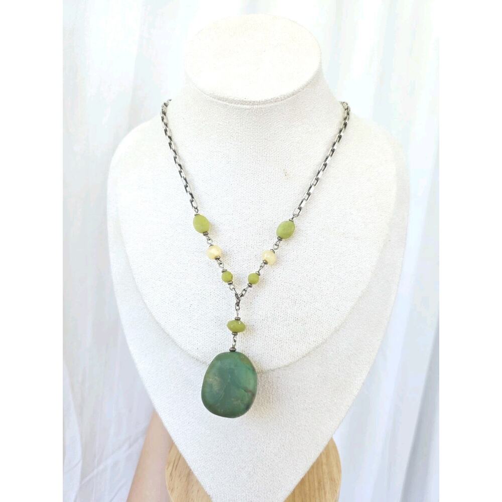 Jade & Chrysoprase Bead Sterling‎ Silver 925 Stamped Chain Necklace Boho Coastal